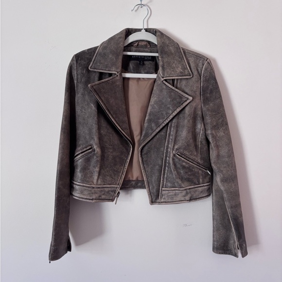 Kenneth Cole Jackets & Blazers - Kenneth Cole Distressed Taupe Gray leather Moto Jacket